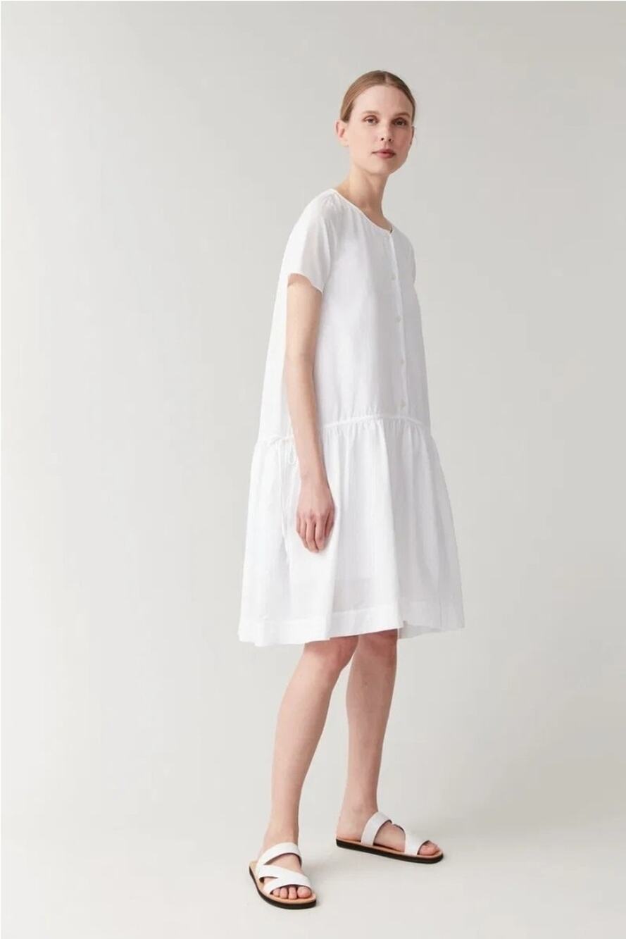 COS Women's White Organic Cotton Drawstring Oversized Pockets A Line Dress Sz XS